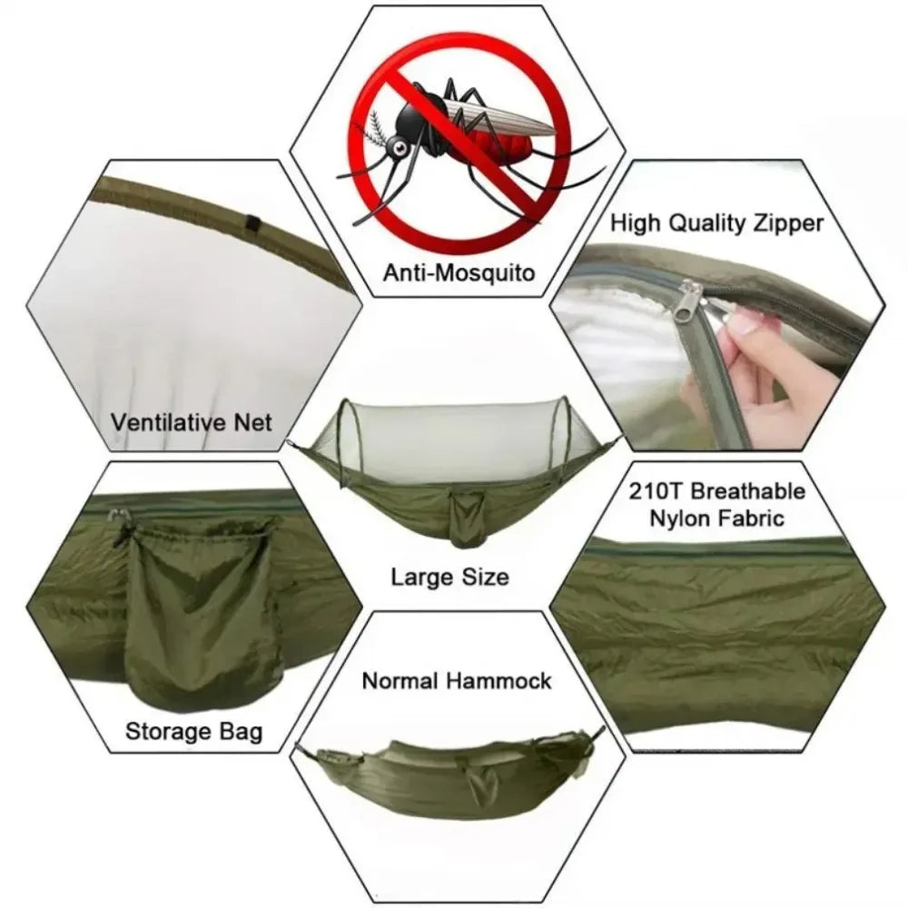 Lightweight Camping Hammock with Mosquito Net – Parachute Fabric, 250x120cm